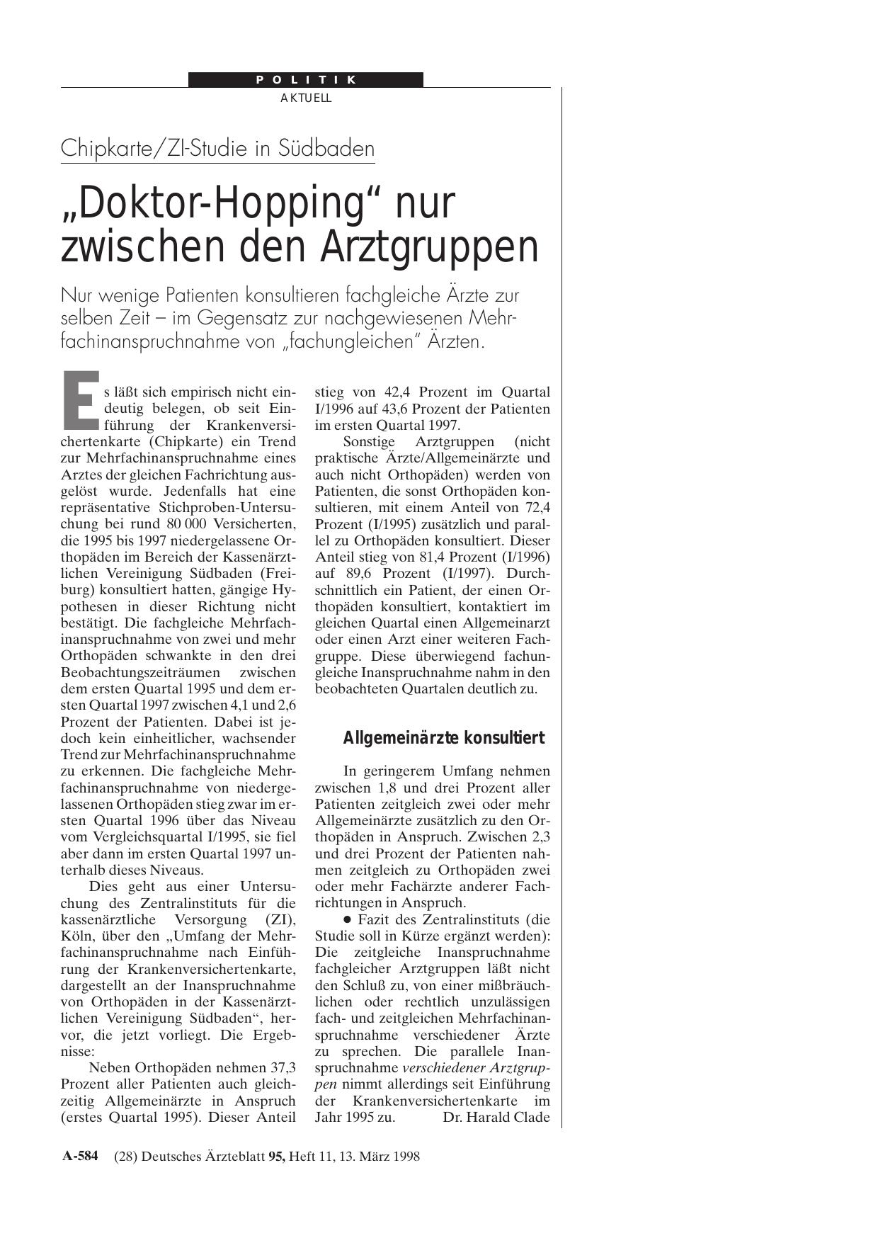Vorschauseite 1: Chipkarte/ZI-Studie in Südbaden: „Doktor-Hopping“ nur zwischen den Arztgruppen