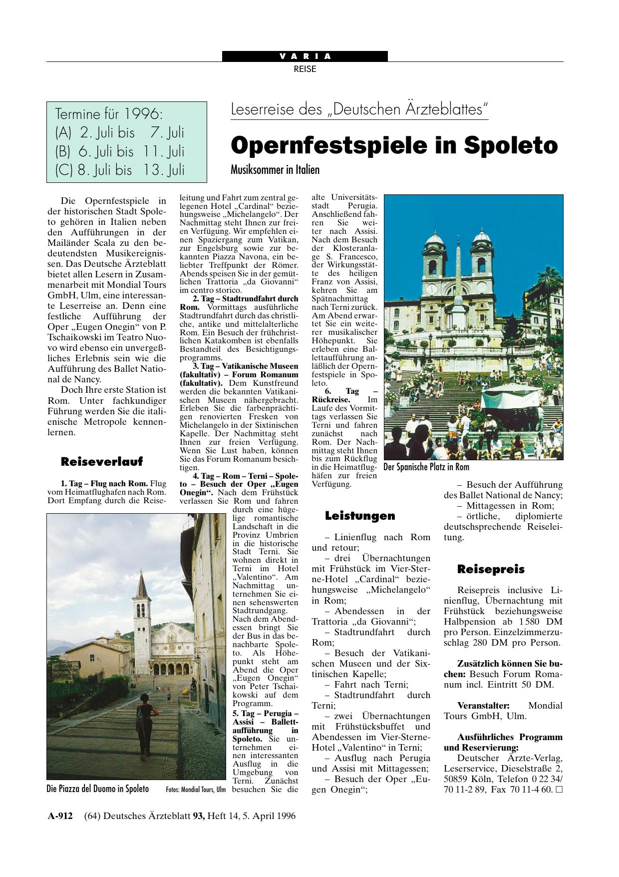 Vorschauseite 1: Leserreise des „Deutschen Ärzteblattes“: Opernfestspiele in Spoleto Musiksommer in Italien