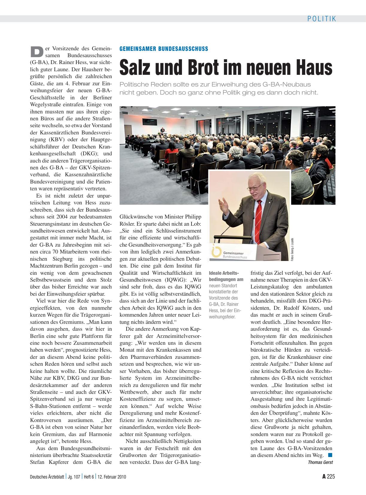 Vorschauseite 1: Gemeinsamer Bundesausschuss: Salz und Brot im neuen Haus