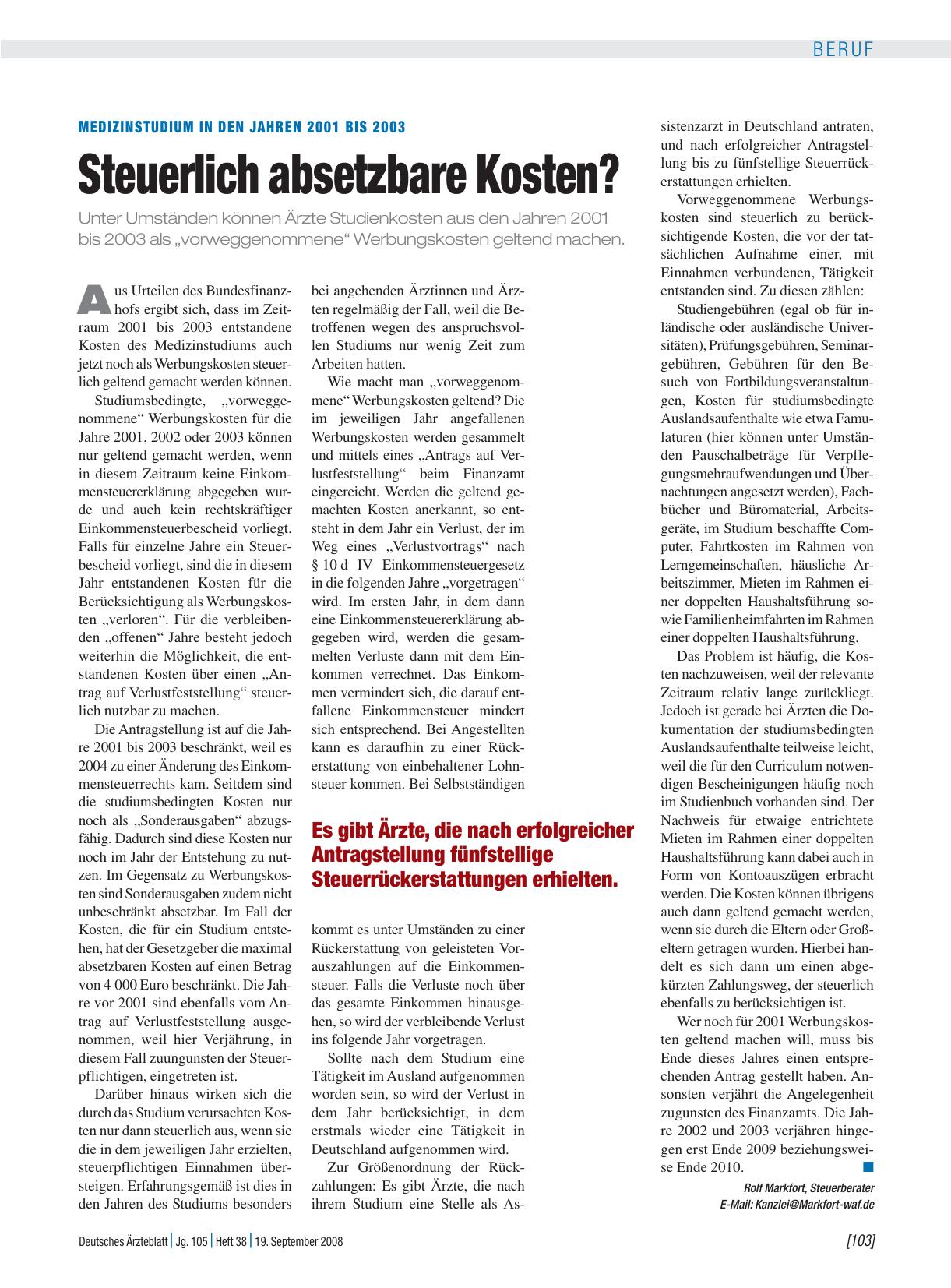 Vorschauseite 1: Medizinstudium in den Jahren 2001 bis 2003: Steuerlich absetzbare Kosten?