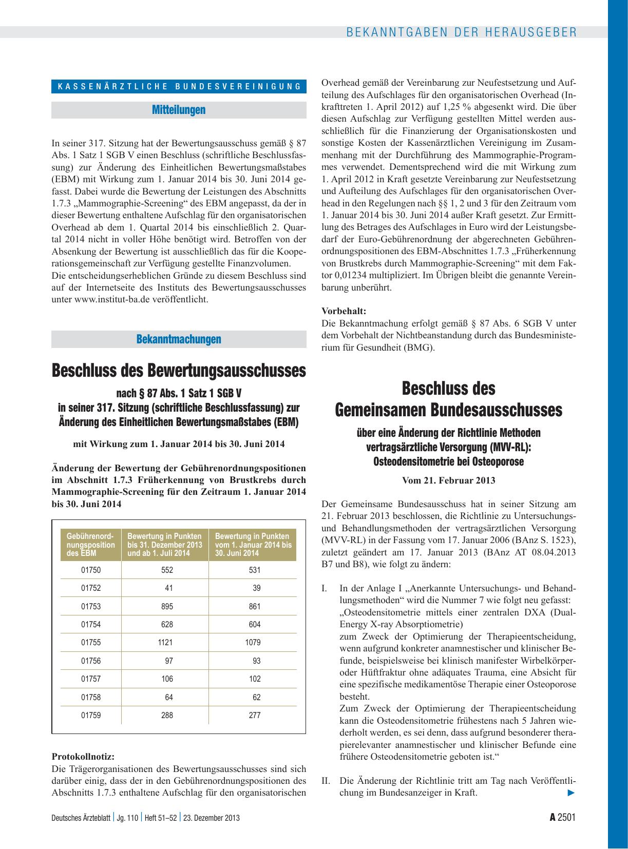 Vorschauseite 1: Beschluss des Gemeinsamen Bundesausschusses über eine Änderung der Richtlinie Methoden vertragsärztliche Versorgung (MVV-RL): Osteodensitometrie bei Osteoporose