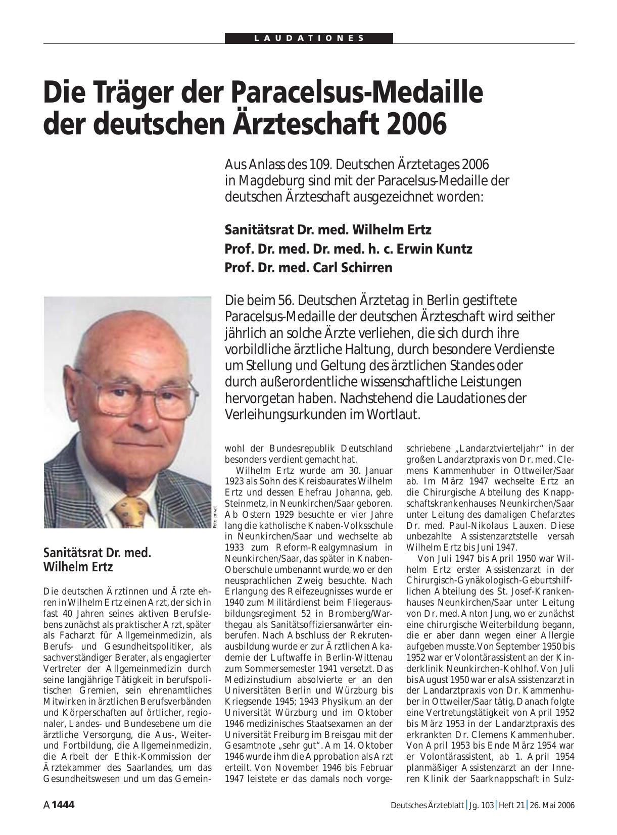 Vorschauseite 1: Die Träger der Paracelsus-Medaille der deutschen Ärzteschaft 2006