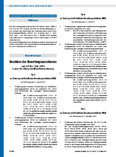 Vorschauseite 1: Beschluss des Bewertungsausschusses nach § 87 Abs. 1 Satz 1 SGB V in seiner 404. Sitzung (schriftliche Beschlussfassung)
