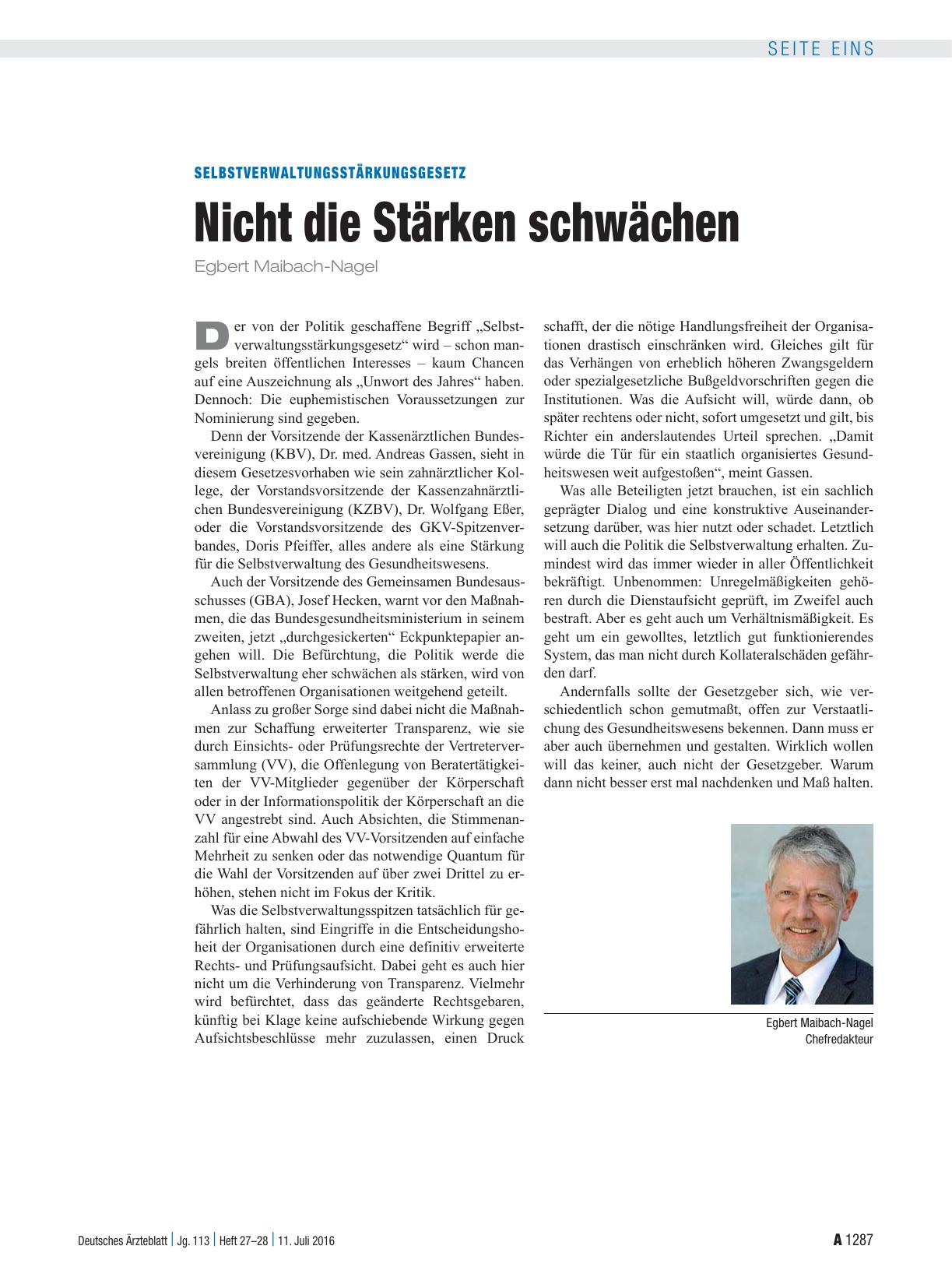Vorschauseite 1: Selbstverwaltungsstärkungsgesetz: Nicht die Stärken schwächen