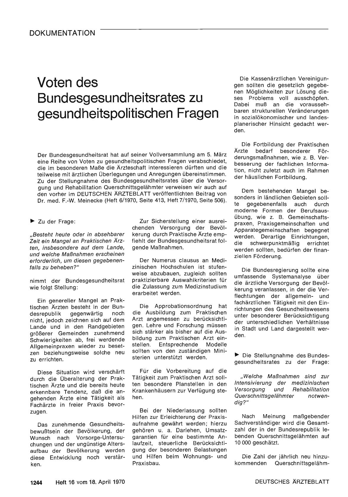 Vorschauseite 1: Voten des Bundesgesundheitsrates zu gesundheitspolitischen Fragen