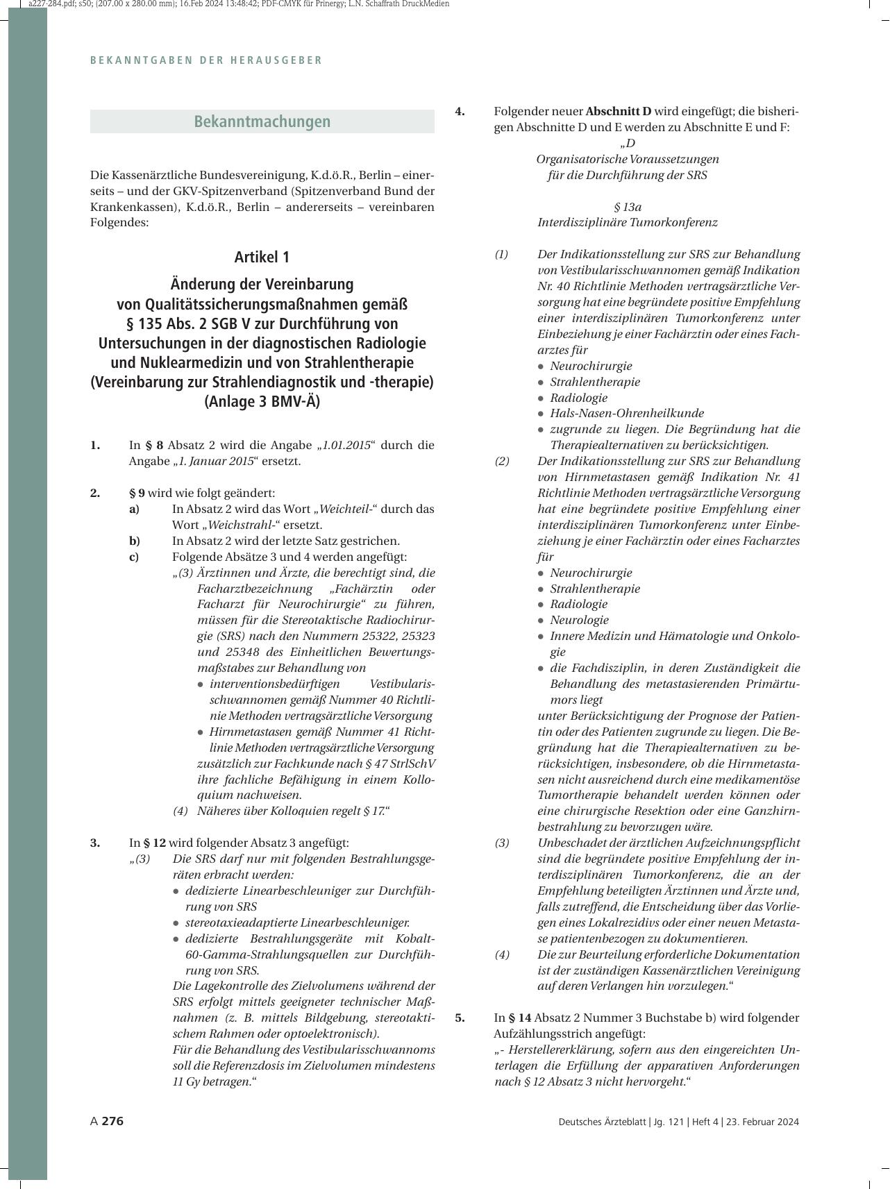 Vorschauseite 1: Änderung der Vereinbarung von Qualitätssicherungsmaßnahmen gemäß § 135 Abs. 2 SGB V zur Durchführung von Untersuchungen in der diagnostischen Radiologie und Nuklearmedizin und von…