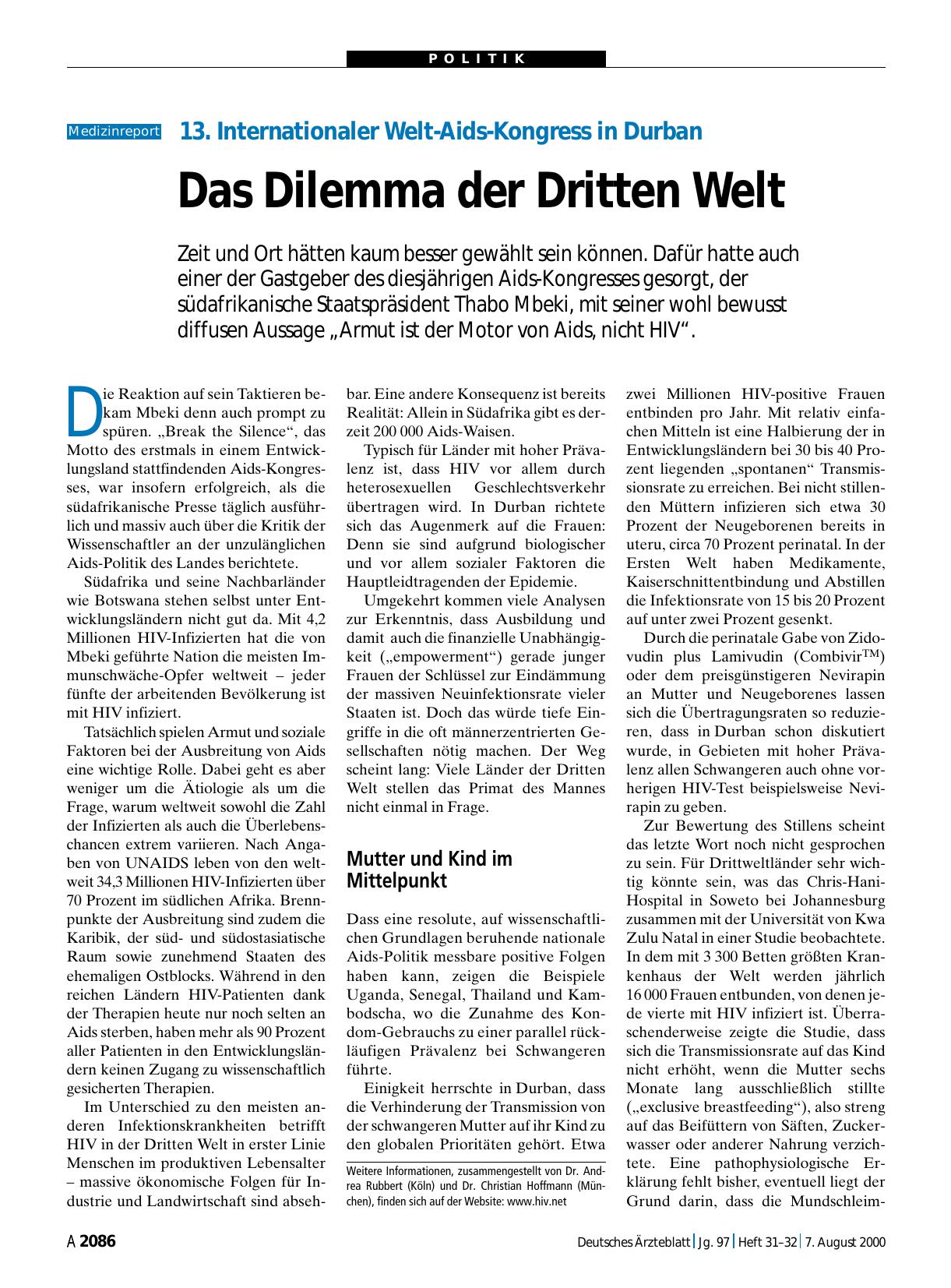 Vorschauseite 1: 13. Internationaler Welt-Aids-Kongress in Durban: Das Dilemma der Dritten Welt
