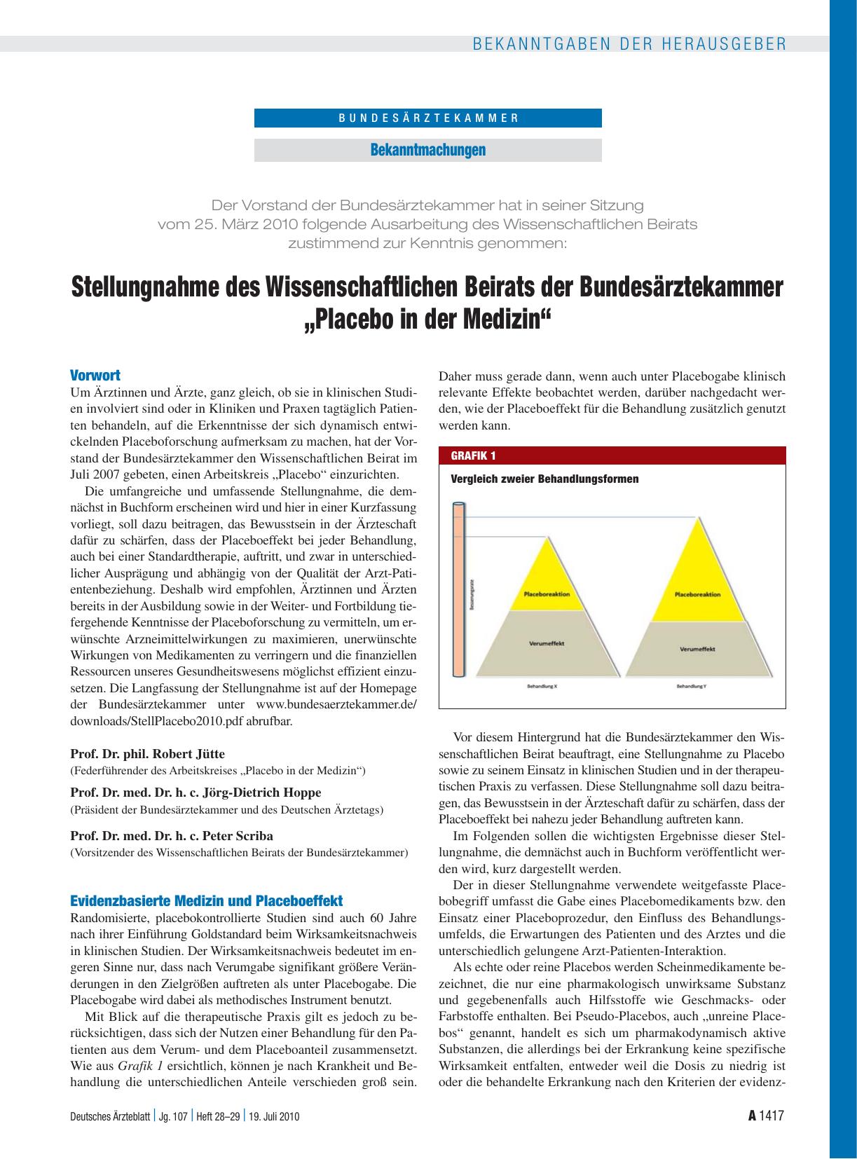 Vorschauseite 1: Stellungnahme des Wissenschaftlichen Beirats der Bundesärztekammer „Placebo in der Medizin“
