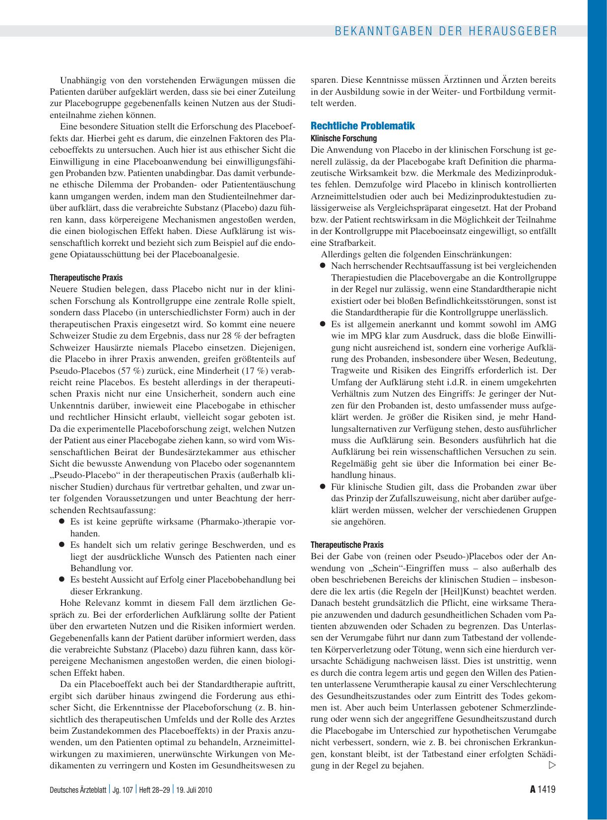 Vorschauseite 3: Stellungnahme des Wissenschaftlichen Beirats der Bundesärztekammer „Placebo in der Medizin“