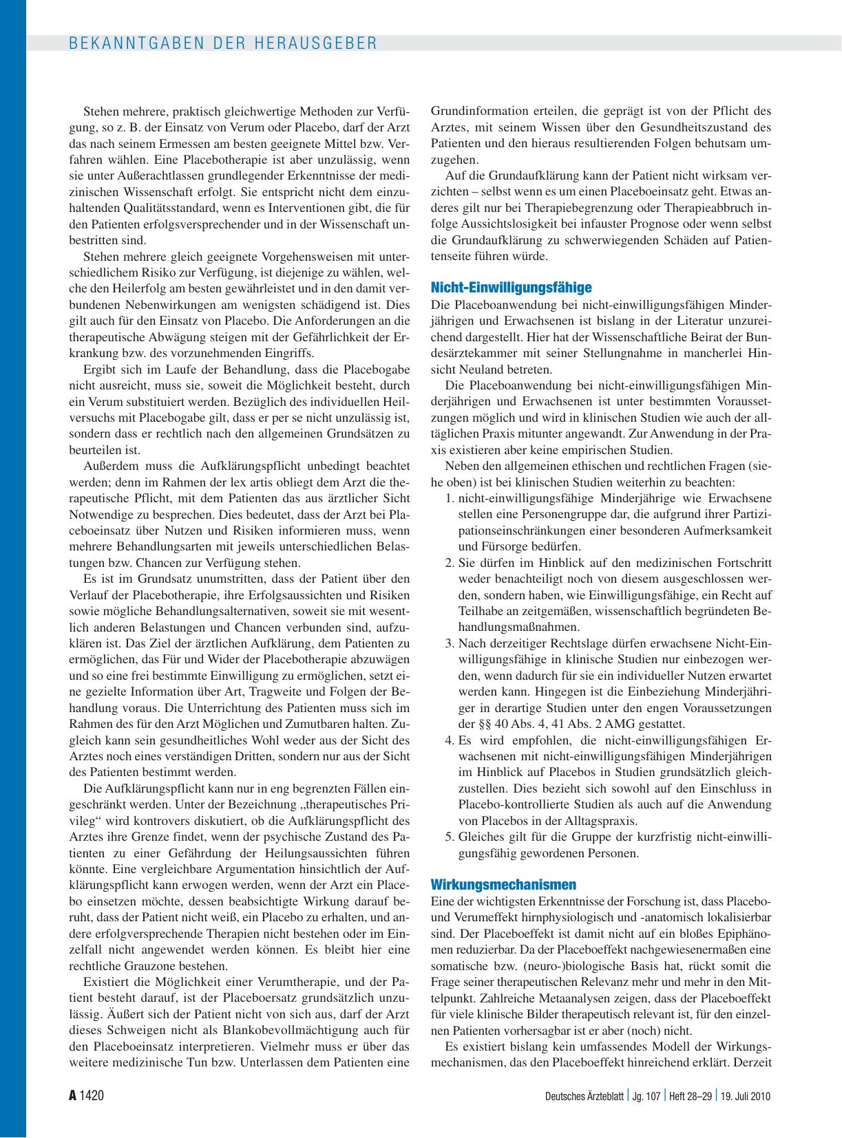 Vorschauseite 4: Stellungnahme des Wissenschaftlichen Beirats der Bundesärztekammer „Placebo in der Medizin“