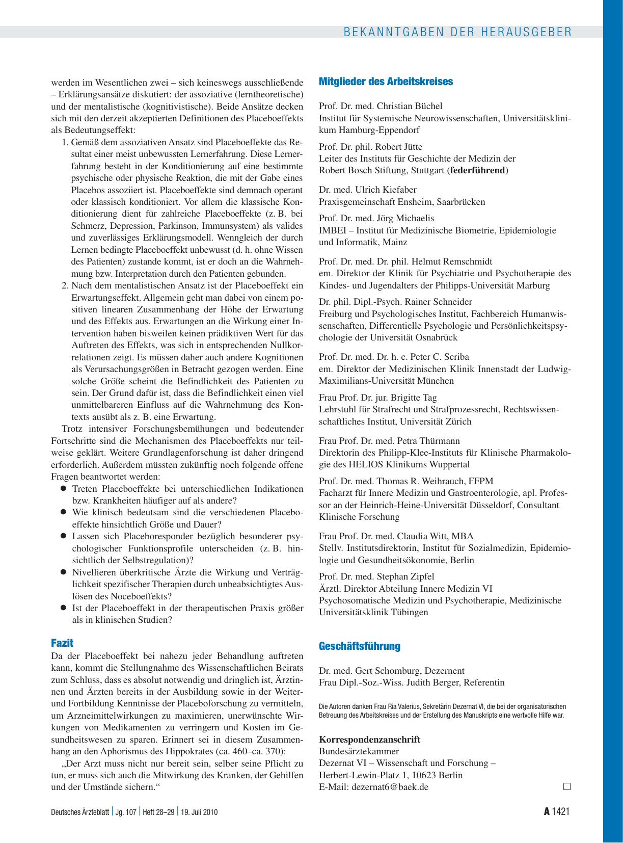 Vorschauseite 5: Stellungnahme des Wissenschaftlichen Beirats der Bundesärztekammer „Placebo in der Medizin“