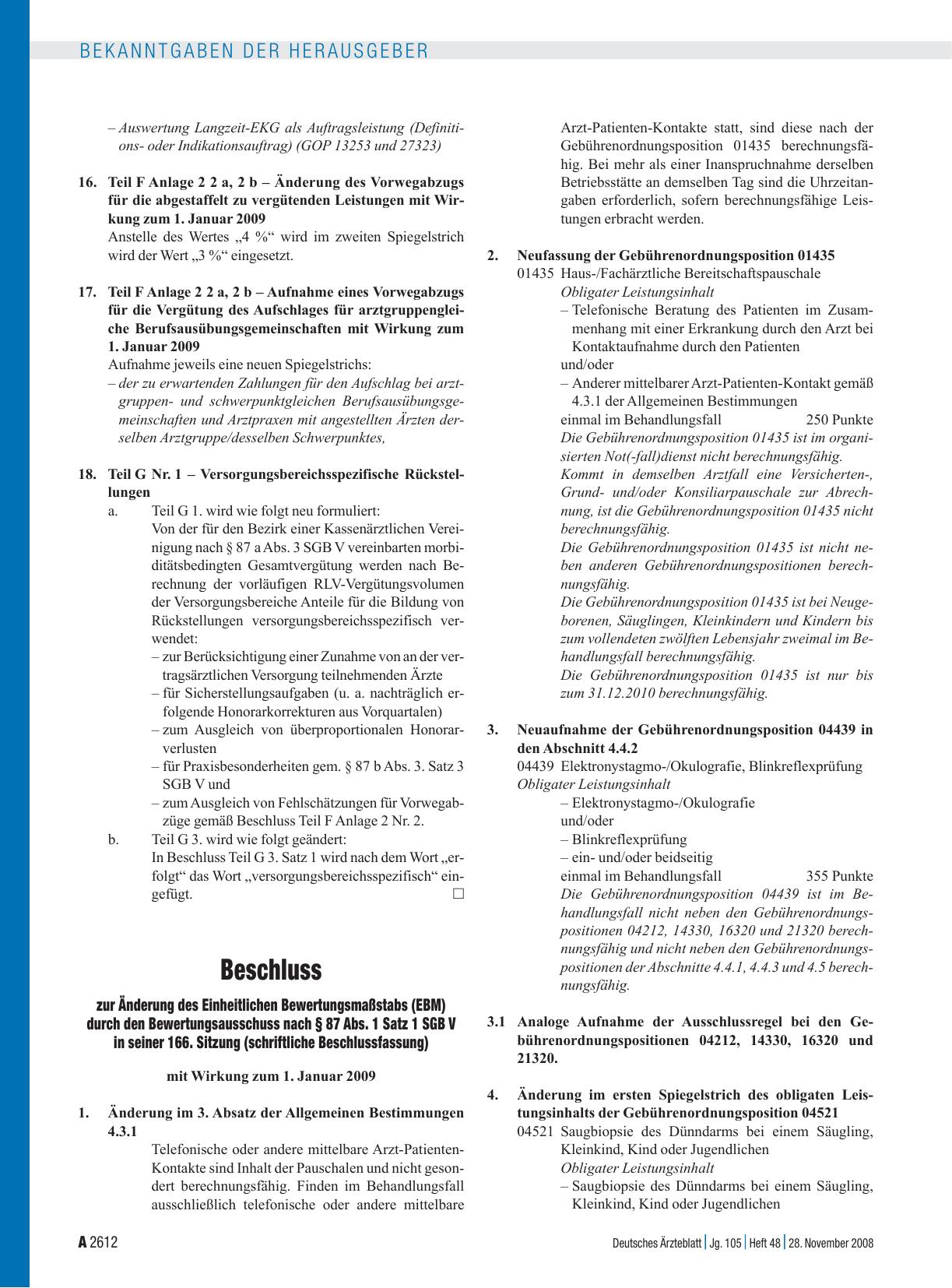Vorschauseite 1: Beschluss: zur Änderung des Einheitlichen Bewertungsmaßstabs (EBM) durch den Bewertungsausschuss nach § 87 Abs. 1 Satz 1 SGB V in seiner 166. Sitzung (schriftliche Beschlussfassun…
