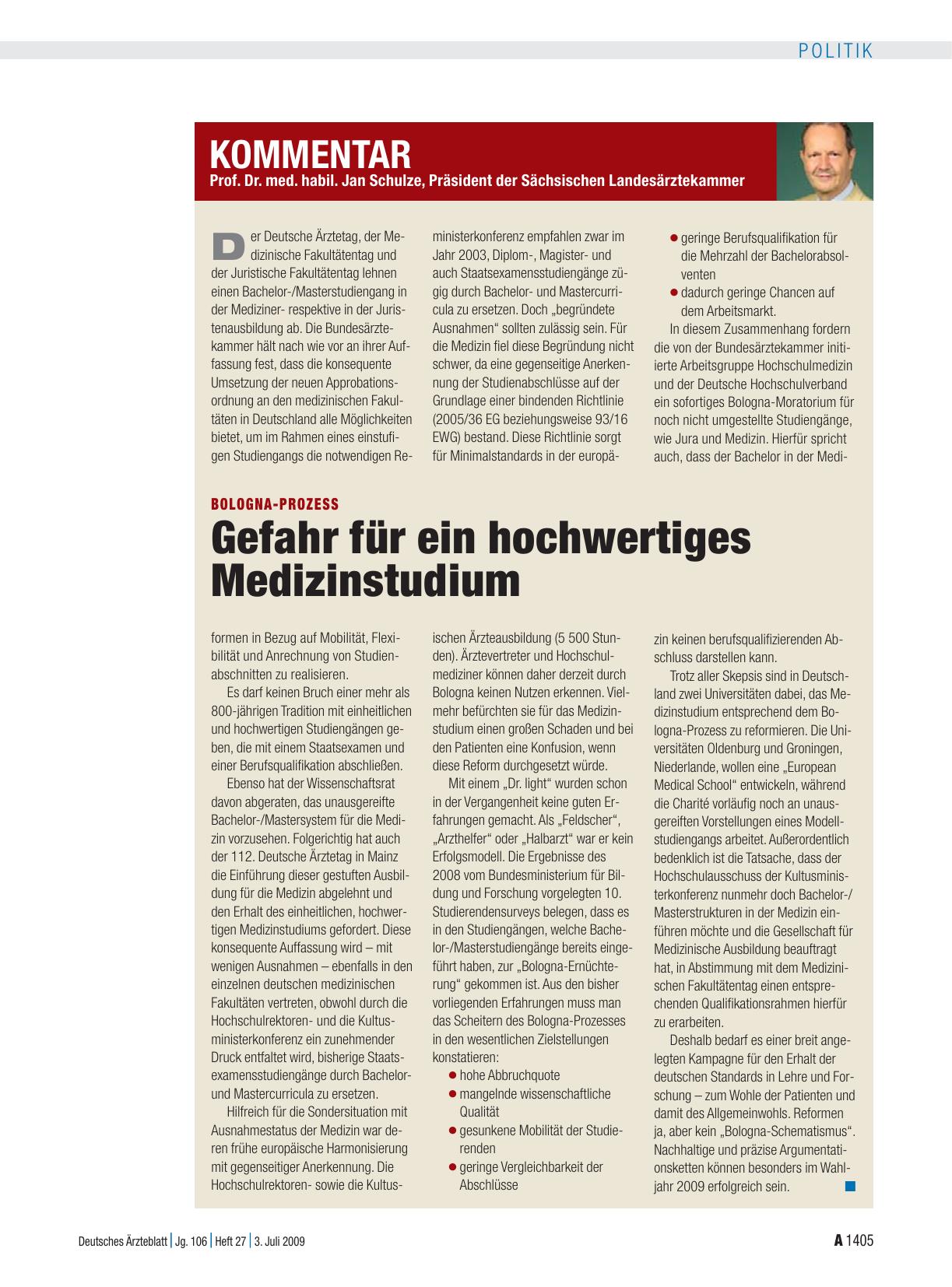 Vorschauseite 1: Bologna-Prozess: Gefahr für ein hochwertiges Medizinstudium