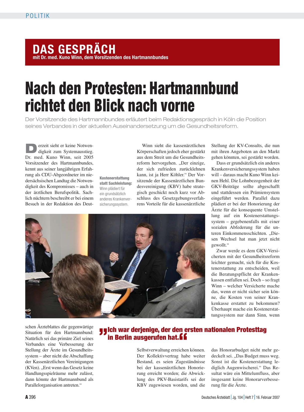 Vorschauseite 1: Das Gespräch mit Dr. med. Kuno Winn, dem Vorsitzenden des Hartmannbundes: Nach den Protesten – Hartmannbund richtet den Blick nach vorne