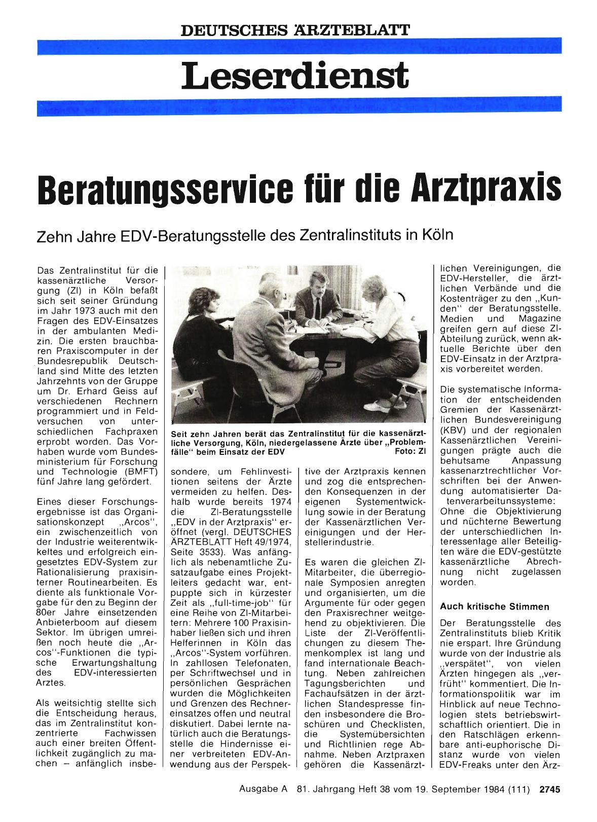 Vorschauseite 1: Beratungsservice für die Arztpraxis: Zehn Jahre EDV-Beratungsstelle des Zentralinstituts in Köln