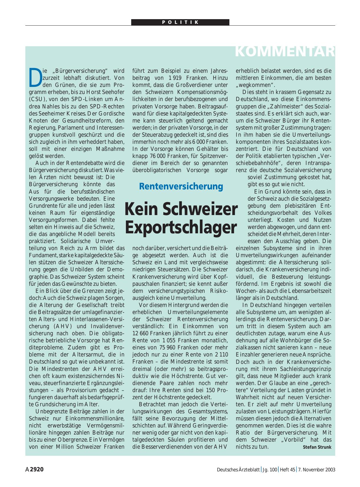 Vorschauseite 1: Rentenversicherung: Kein Schweizer Exportschlager