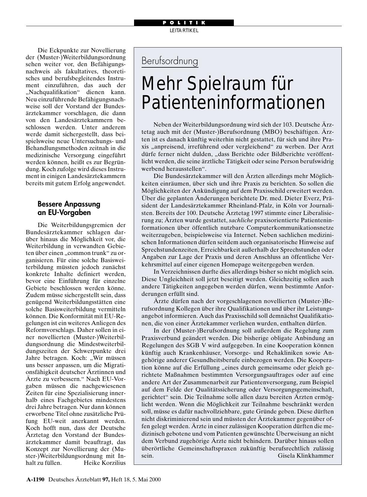 Vorschauseite 1: Berufsordnung: Mehr Spielraum für Patienteninformationen