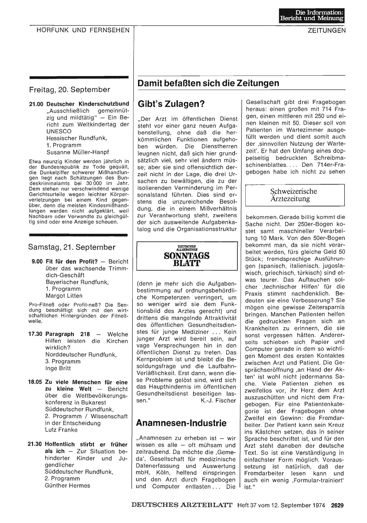 Vorschauseite 1: Damit befaßten sich die Zeitungen