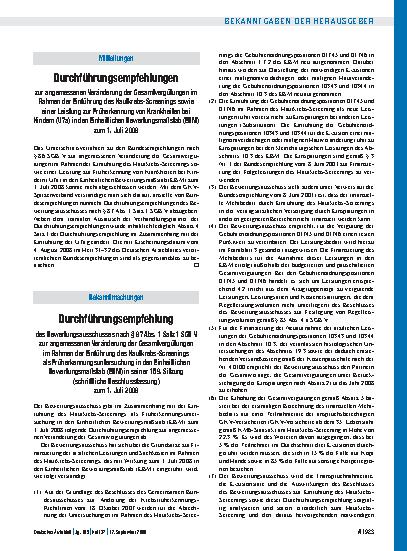 Vorschauseite 1: Mitteilungen: Durchführungsempfehlungen zur angemessenen Veränderung der Gesamtvergütungen im Rahmen der Einführung des Hautkrebs-Screenings sowie einer Leistung zur Früherkennung…