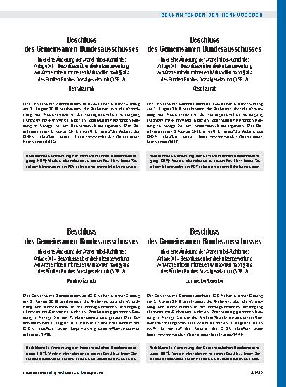 Vorschauseite 1: Beschluss des Gemeinsamen Bundesausschusses über eine Änderung der Arzneimittel-Richtlinie: Anlage XII – Beschlüsse über die Nutzenbewertung von Arzneimitteln mit neuen Wirkstoffe…