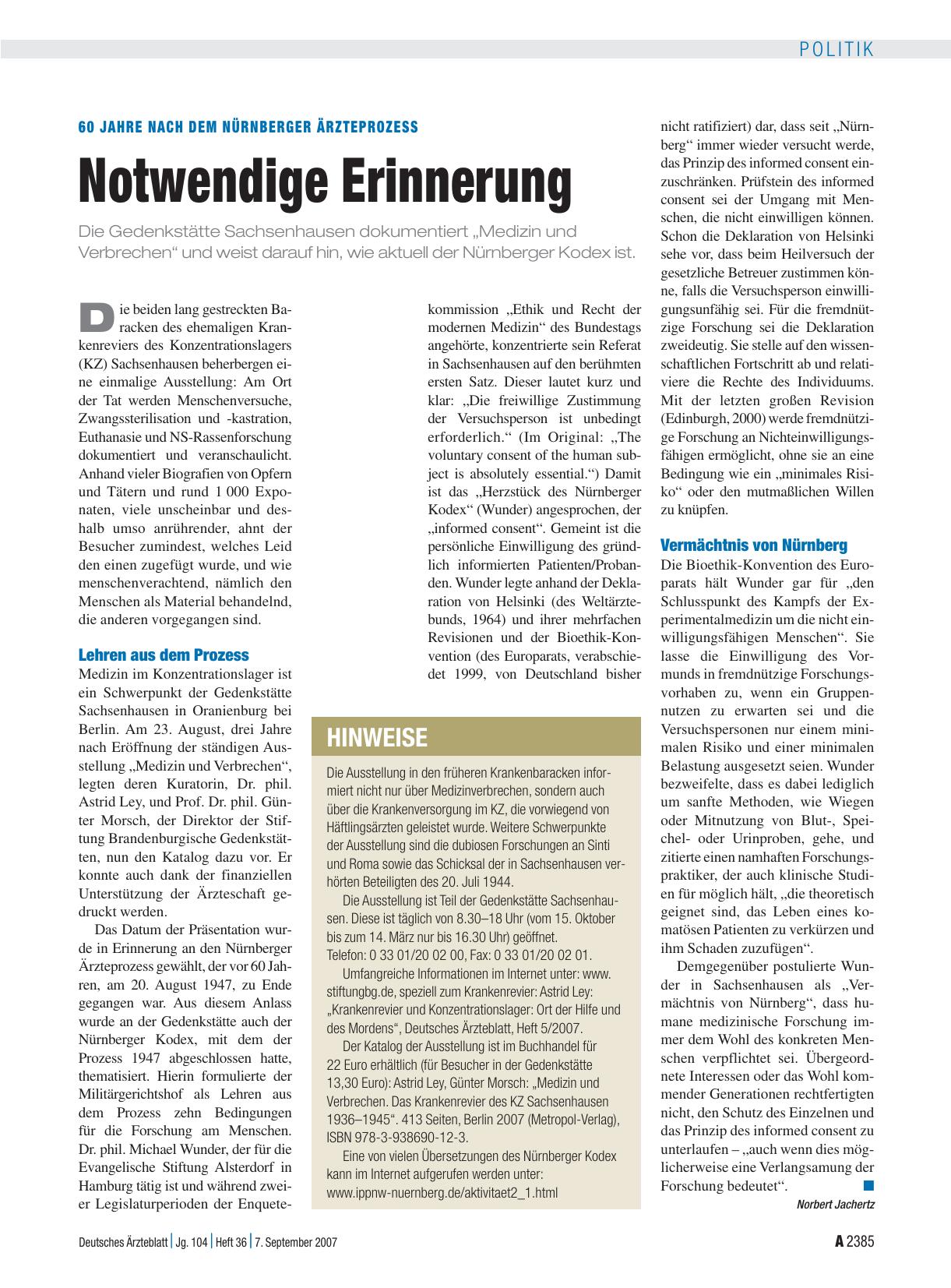 Vorschauseite 1: 60 Jahre nach dem Nürnberger ÄrzteProzess: Notwendige Erinnerung