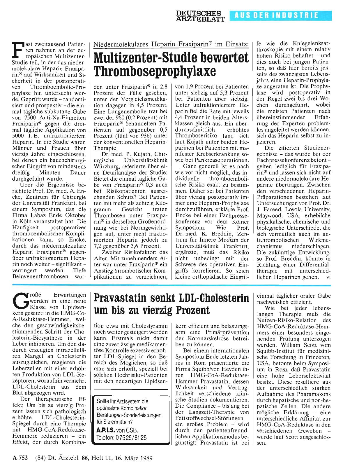Vorschauseite 1: Niedermolekulares Heparin Fraxiparin® im Einsatz: Multizenter-Studie bewertet Thromboseprophylaxe