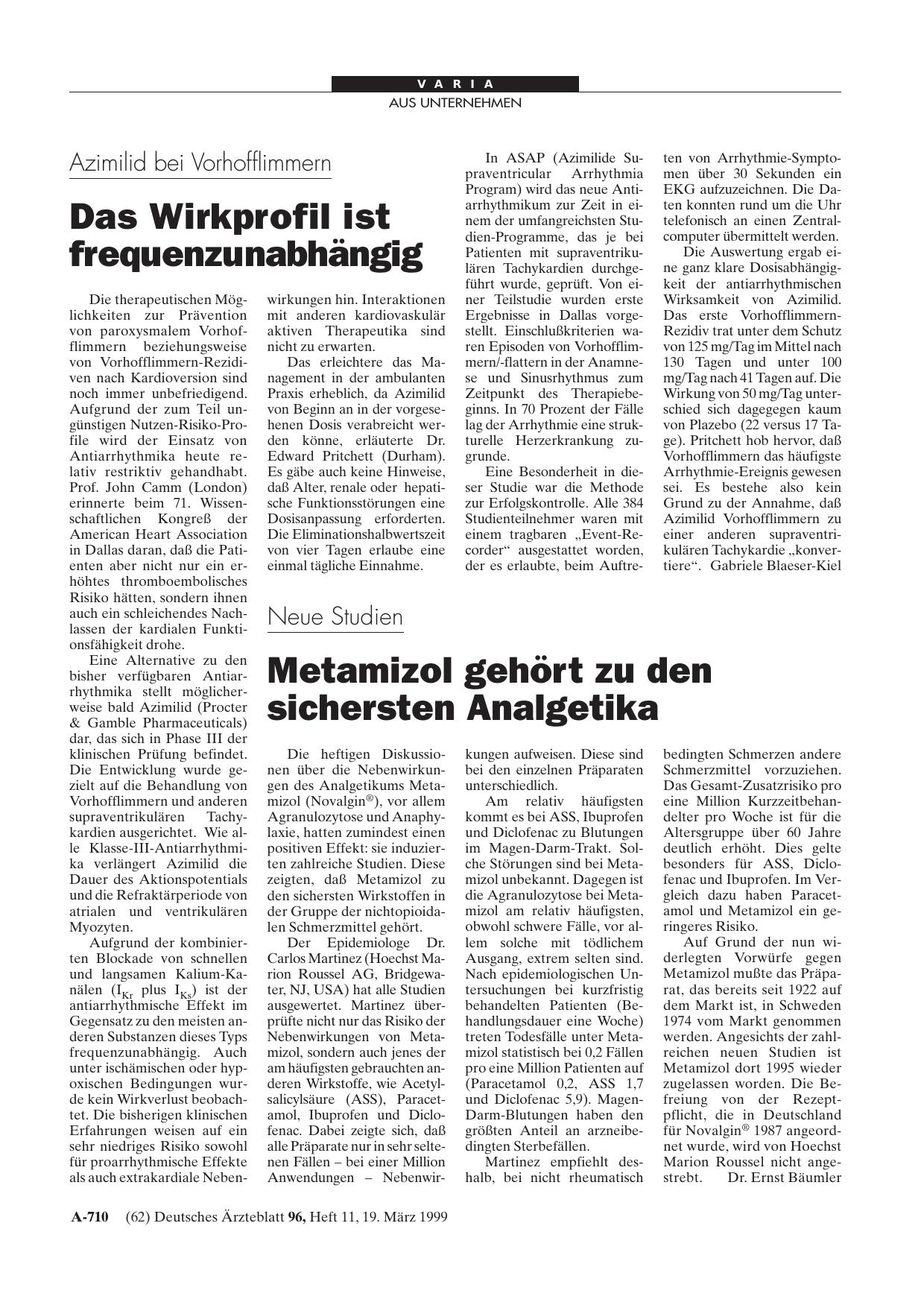 Vorschauseite 1: Neue Studien: Metamizol gehört zu den sichersten Analgetika