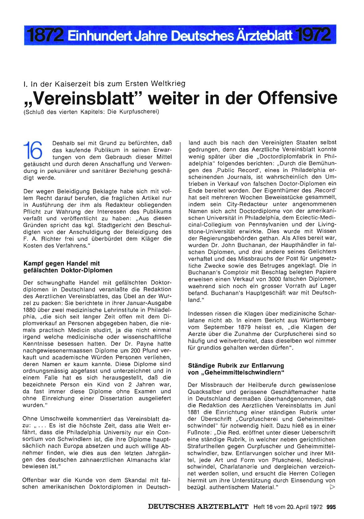 Vorschauseite 1: I. In der Kaiserzeit bis zum Ersten Weltkrieg „Vereinsblatt "weiter in der Offensive (Schluß des vierten Kapitels: Die Kurpfuscherei)