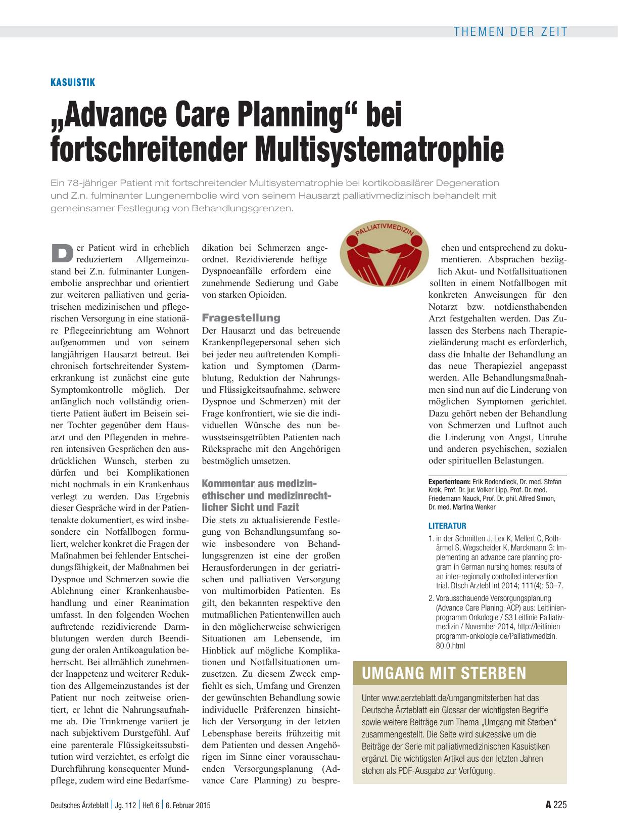 Vorschauseite 1: Kasuistik: „Advance Care Planning“ bei fortschreitender Multisystematrophie