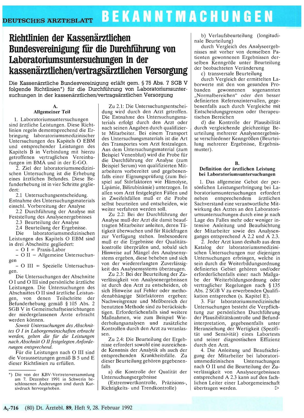 Vorschauseite 1: Richtlinien der Kassenärztlichen Bundesvereinigung für die Durchführung von Laboratoriumsuntersuchungen in der kassenärztlichen/vertragsärztlichen Versorgung