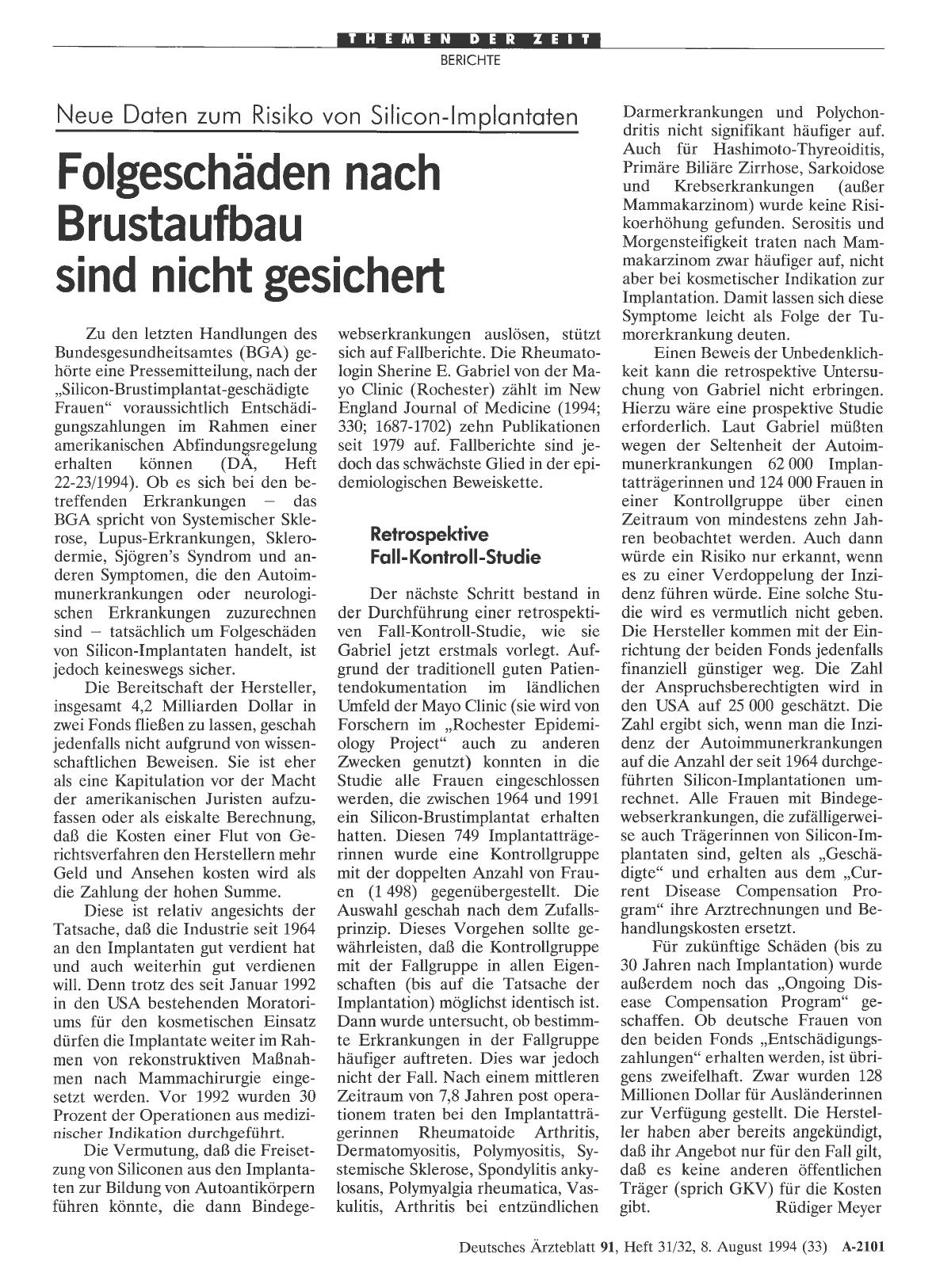 Vorschauseite 1: Neue Daten zum Risiko von Silicon-Implantaten: Folgeschäden nach Brustaufbau sind nicht gesichert