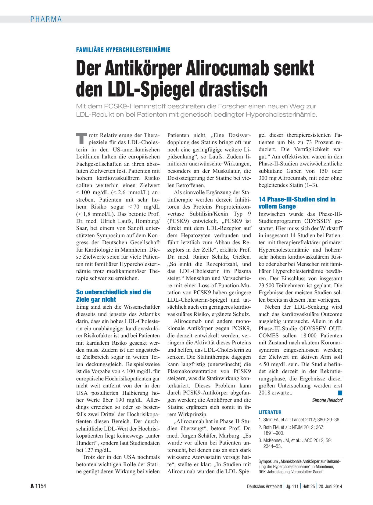 Vorschauseite 1: Familiäre HyperCholesterinämie: Der Antikörper Alirocumab senkt den LDL-Spiegel drastisch