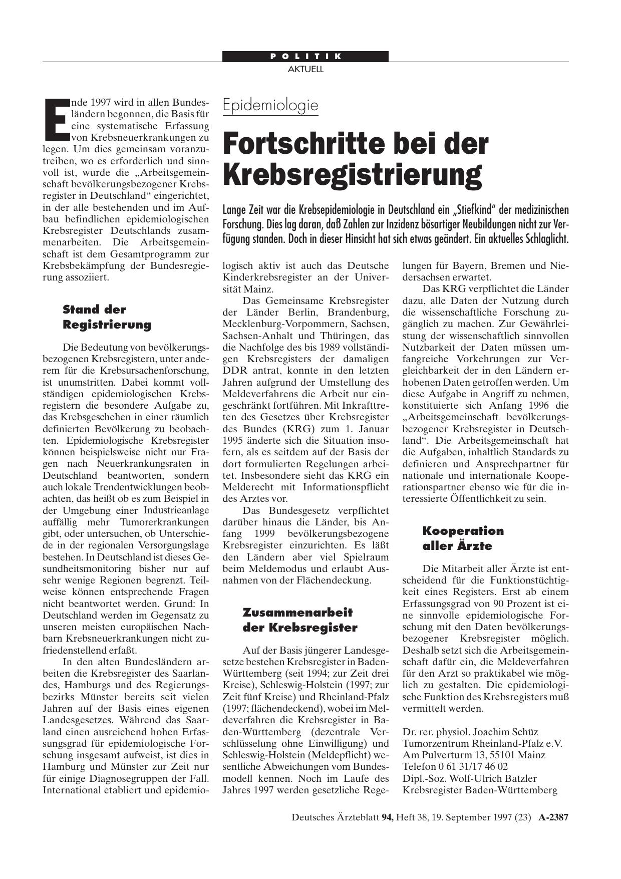Vorschauseite 1: Epidemiologie: Fortschritte bei der Krebsregistrierung