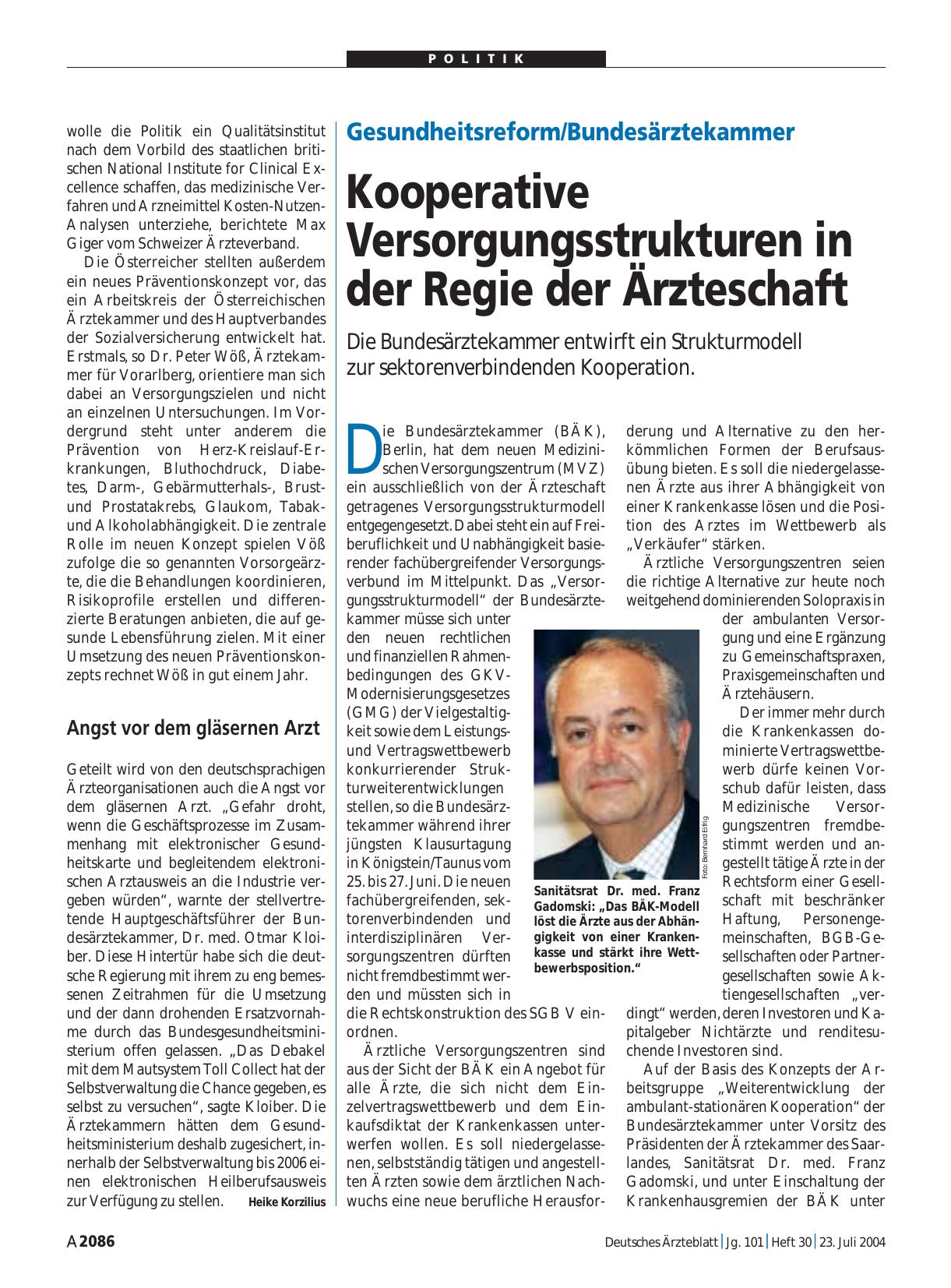 Vorschauseite 1: Gesundheitsreform/Bundesärztekammer: Kooperative Versorgungsstrukturen in der Regie der Ärzteschaft