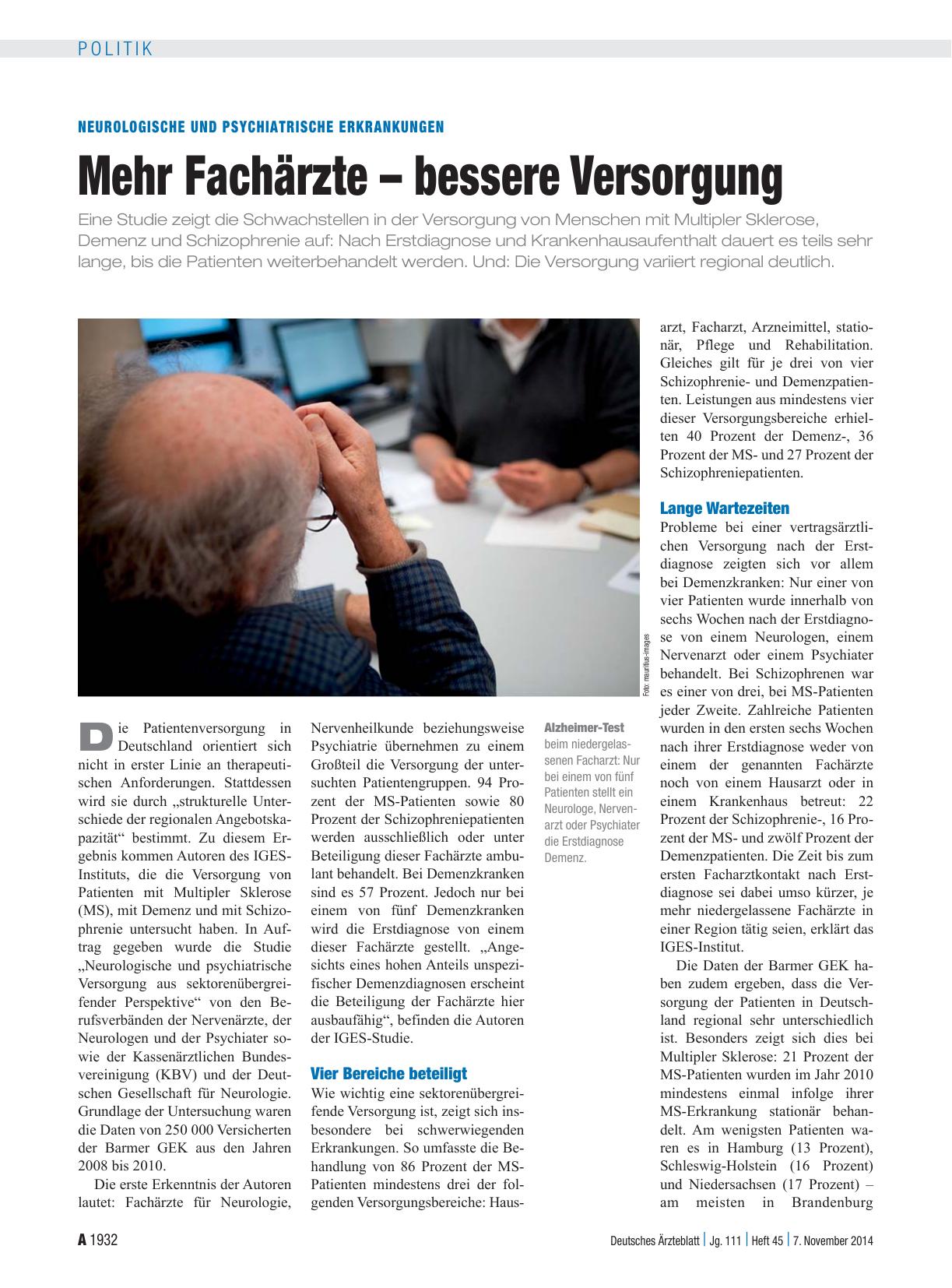 Vorschauseite 1: Neurologische und Psychiatrische Erkrankungen: Mehr Fachärzte – bessere Versorgung