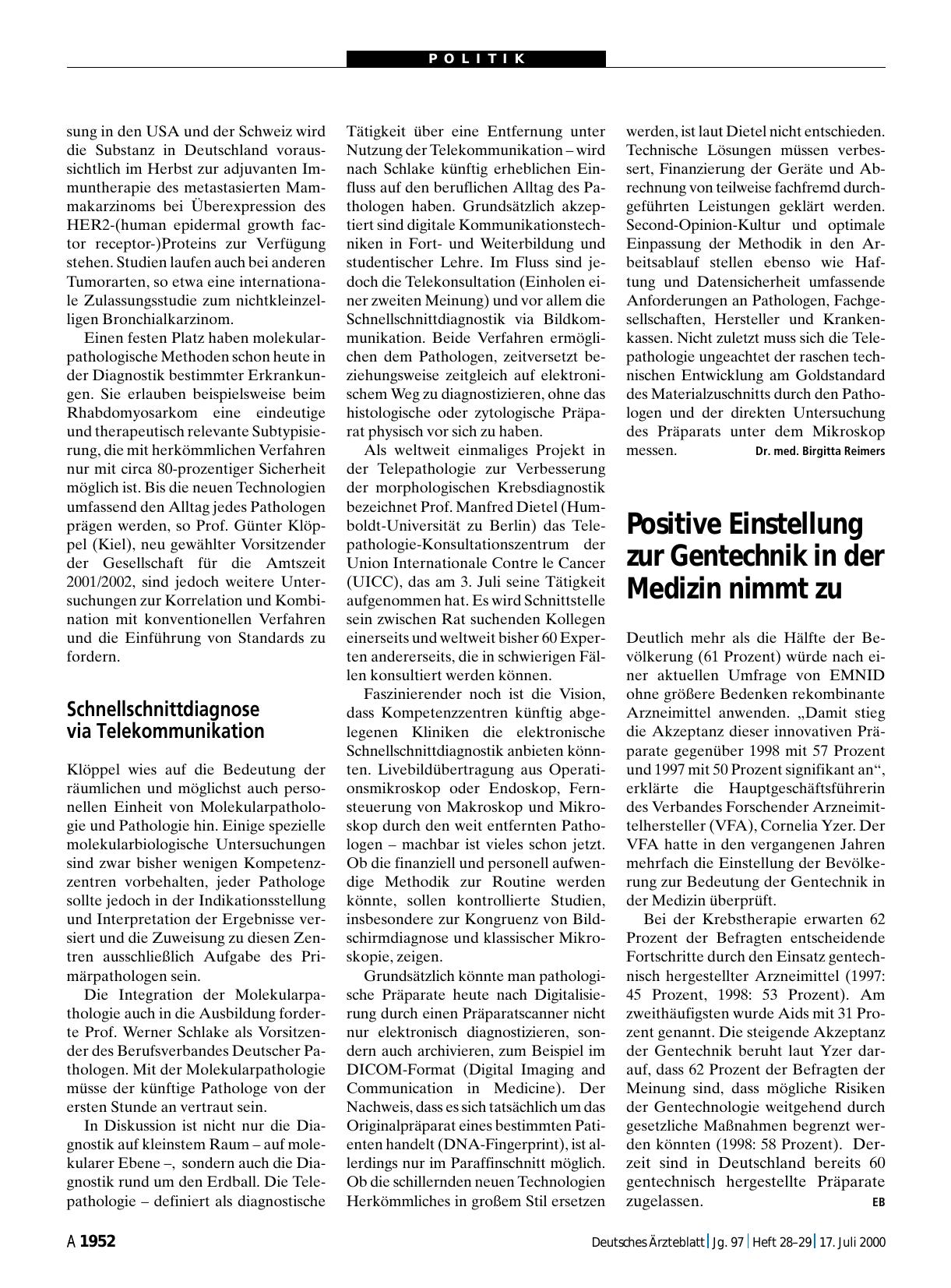 Vorschauseite 1: Positive Einstellung zur Gentechnik in der Medizin nimmt zu