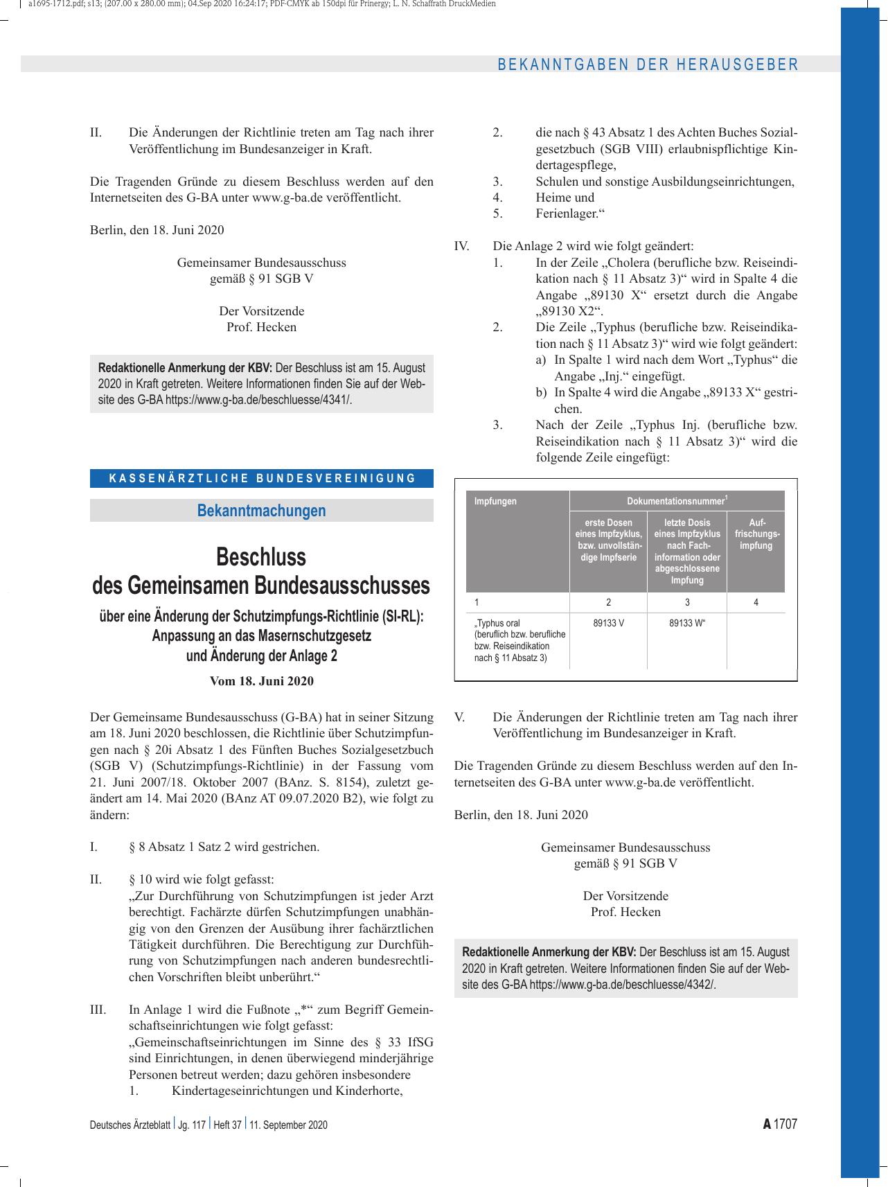 Vorschauseite 1: Beschluss des Gemeinsamen Bundesausschusses über eine Änderung der Schutzimpfungs-Richtlinie (SI-RL): Anpassung an das Masernschutzgesetz und Änderung der Anlage 2