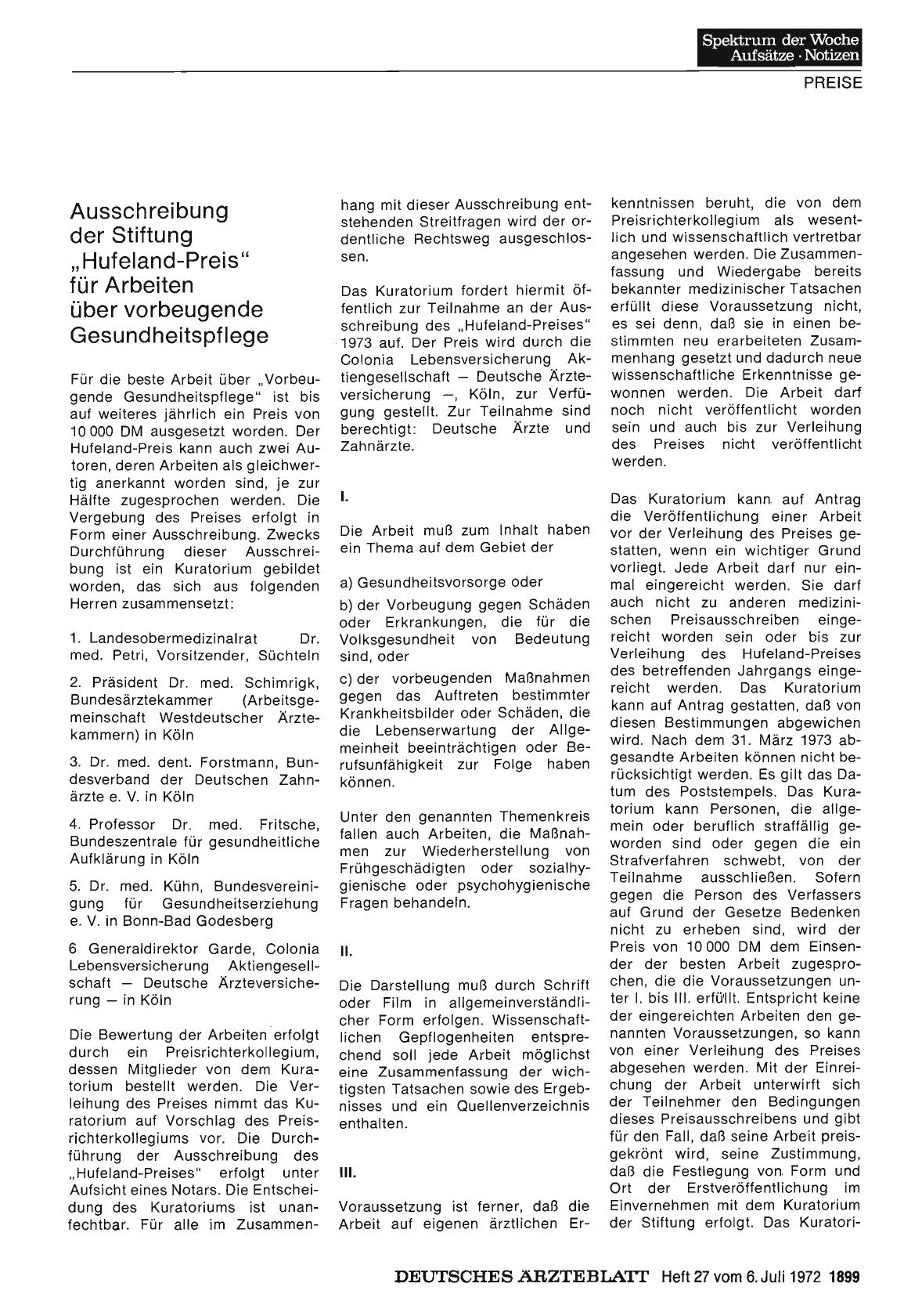 Vorschauseite 1: Ausschreibung der Stiftung „Hufeland-Preis" für Arbeiten über vorbeugende Gesundheitspflege