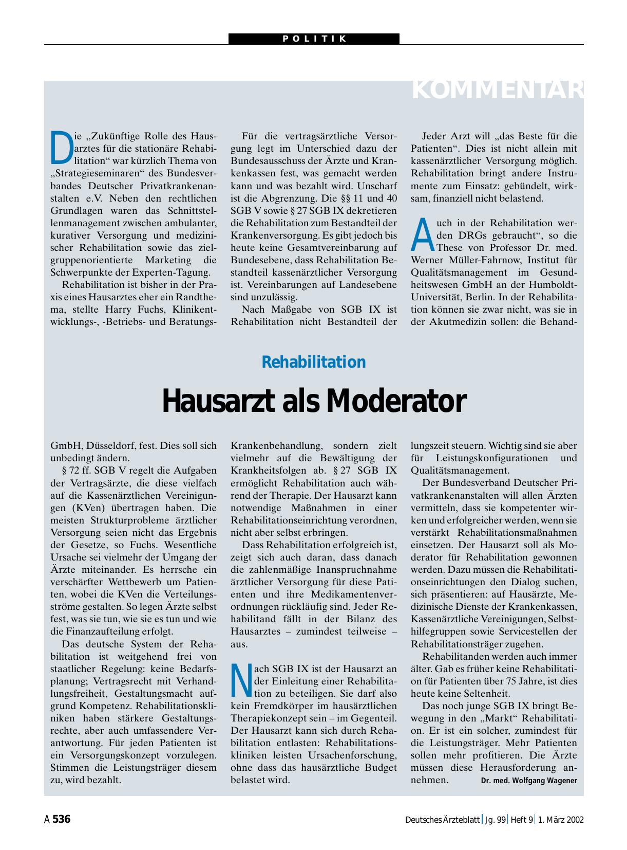 Vorschauseite 1: Rehabilitation: Hausarzt als Moderator