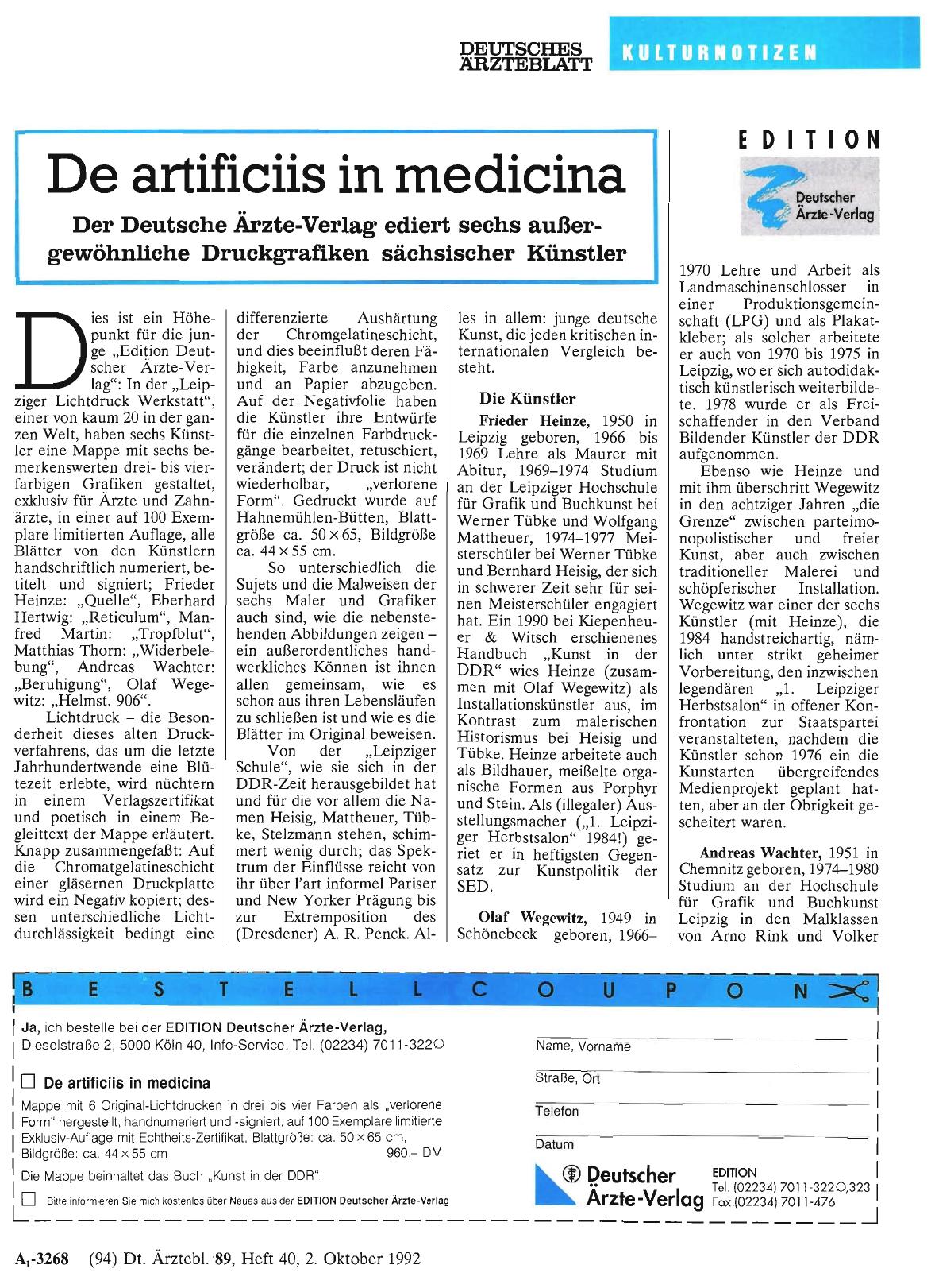 Vorschauseite 1: De artificiis in medicina: Der Deutsche Ärzte-Verlag ediert sechs außergewöhnliche Druckgrafiken sächsischer Künstler