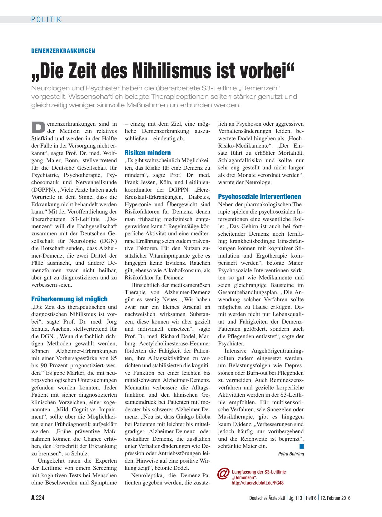 Vorschauseite 1: Demenzerkrankungen: „Die Zeit des Nihilismus ist vorbei“
