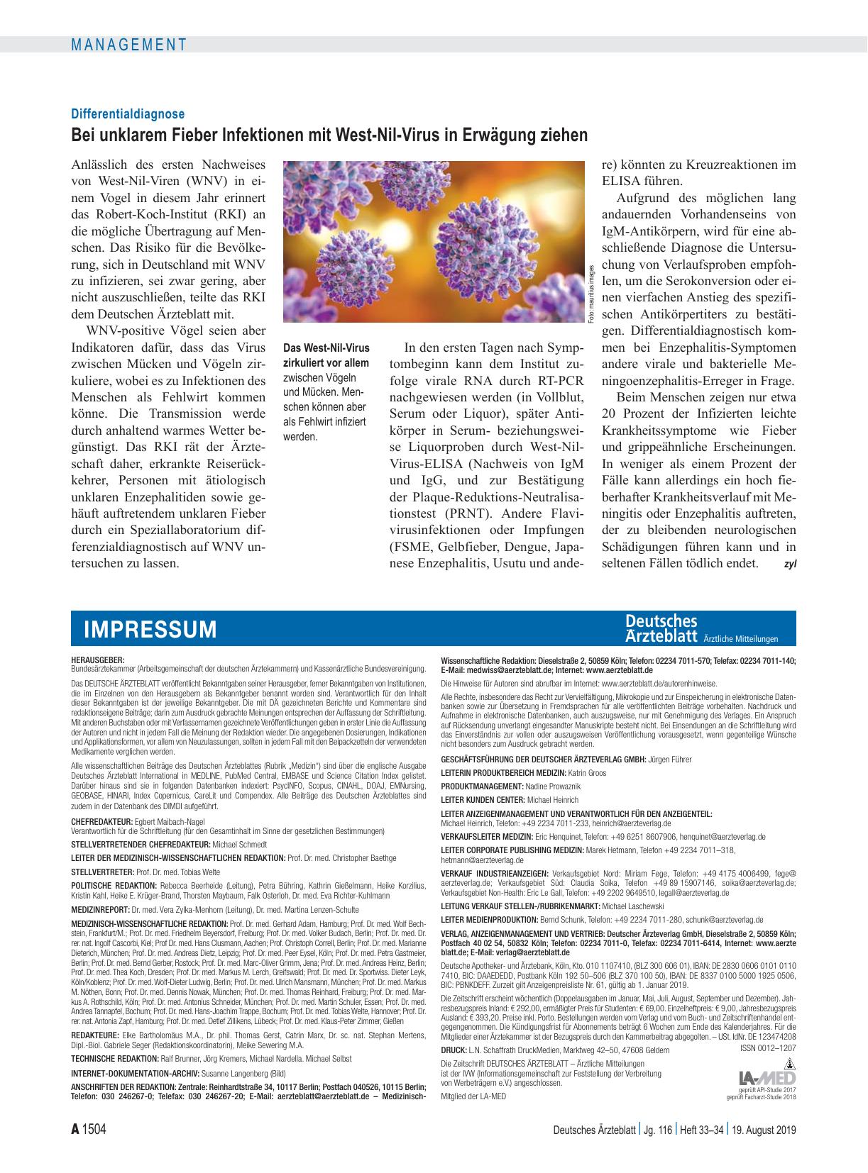 Vorschauseite 1: Differentialdiagnose: Bei unklarem Fieber Infektionen mit West-Nil-Virus in Erwägung ziehen