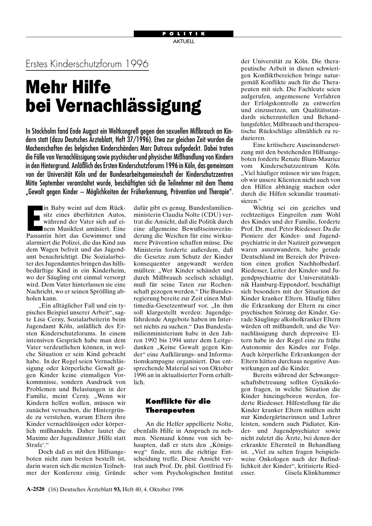 Vorschauseite 1: Erstes Kinderschutzforum 1996: Mehr Hilfe bei Vernachlässigung