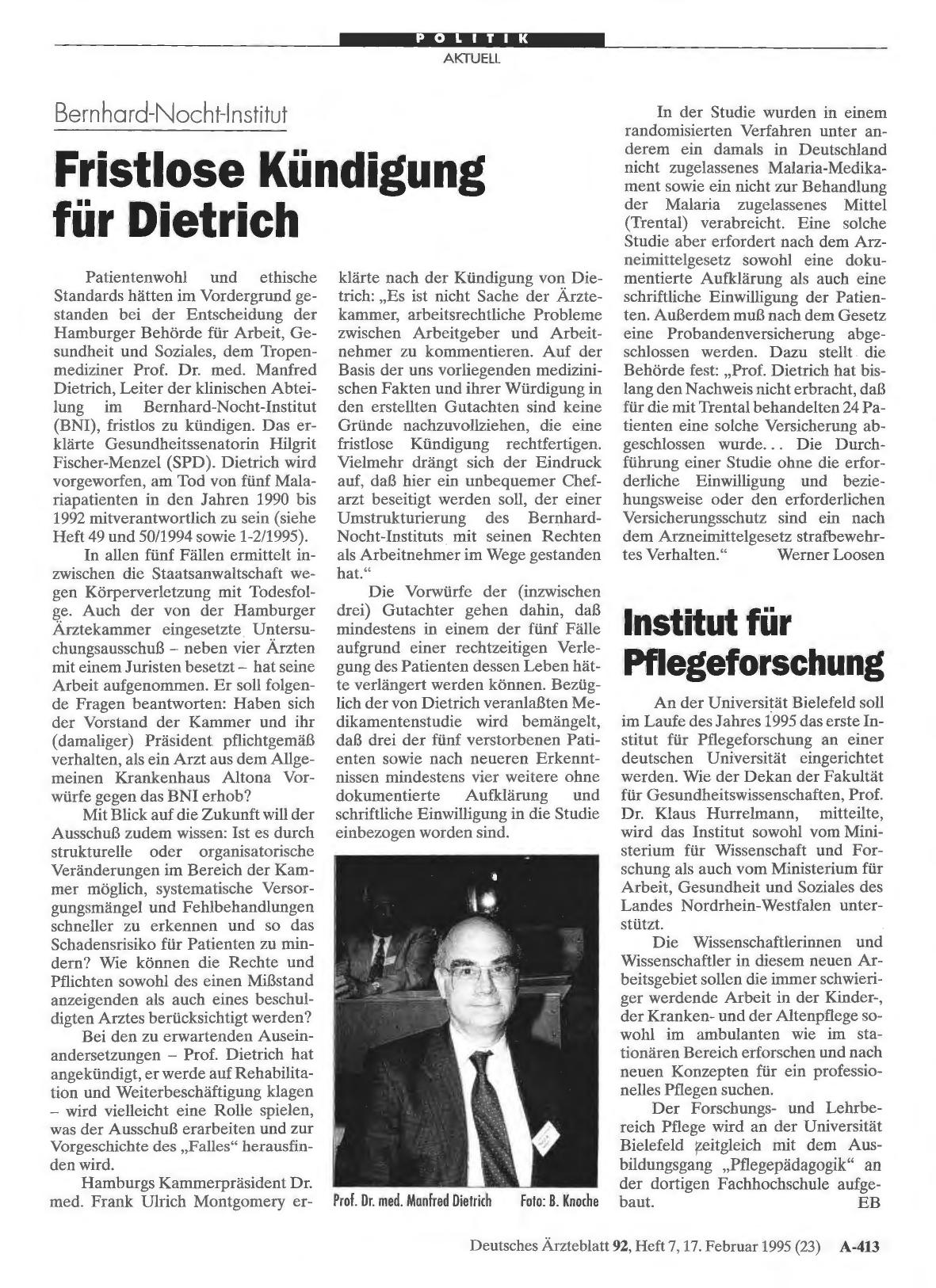 Vorschauseite 1: Bernhard-Nocht-Institut: Fristlose Kündigung für Dietrich