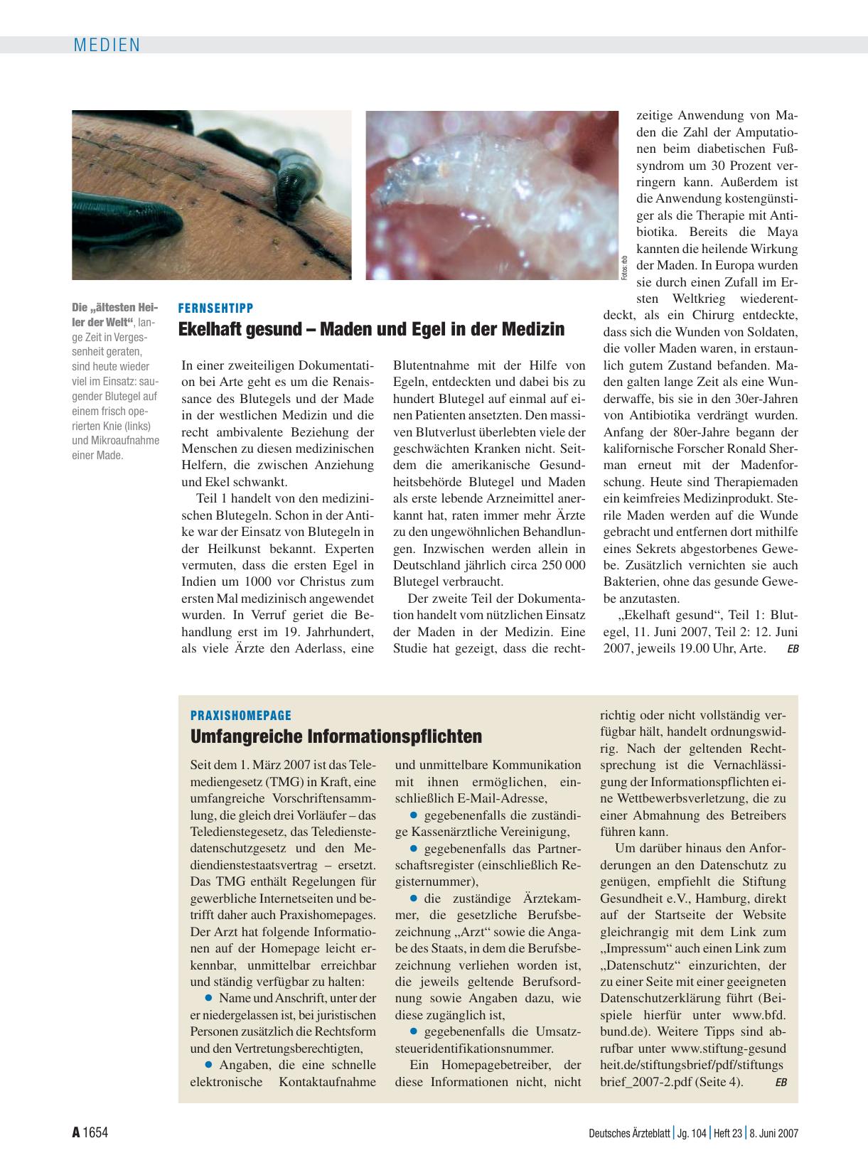Vorschauseite 1: Fernsehtipp: Ekelhaft gesund – Maden und Egel in der Medizin