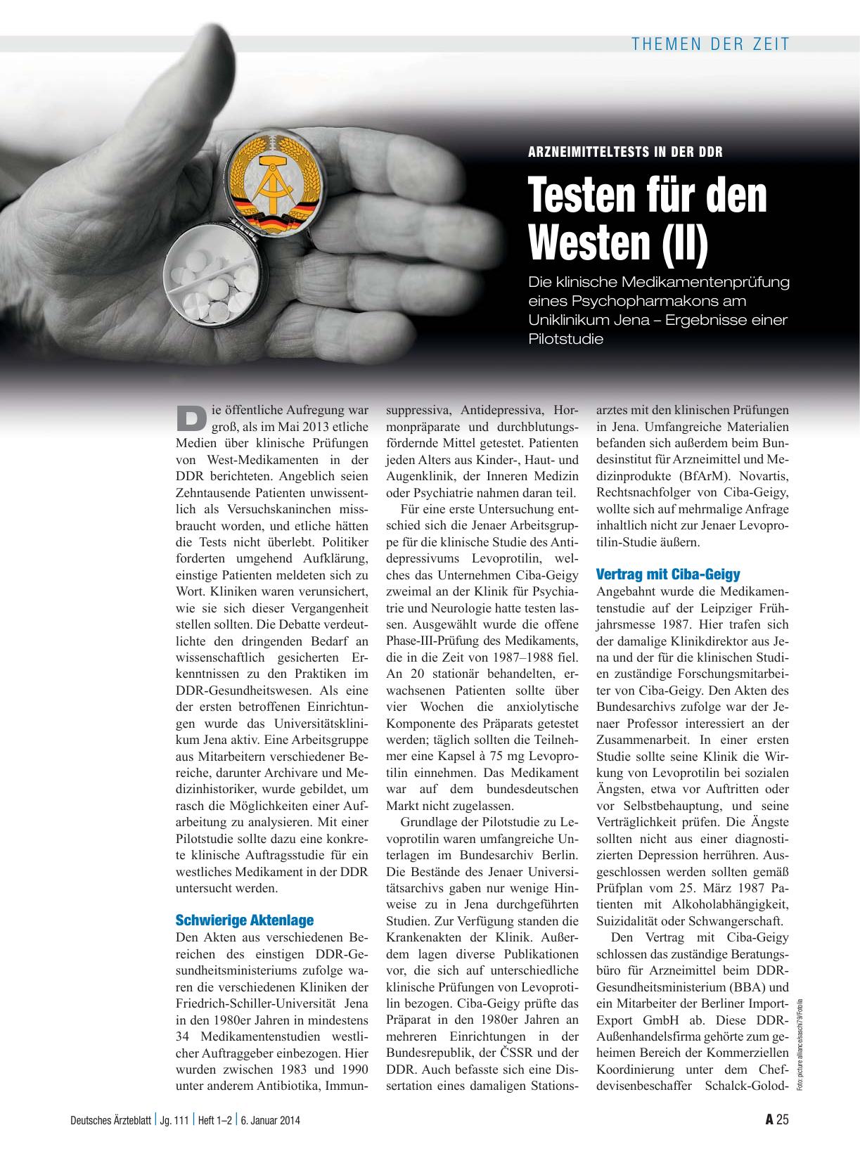 Vorschauseite 1: Arzneimitteltests in der DDR: Testen für den Westen (II)