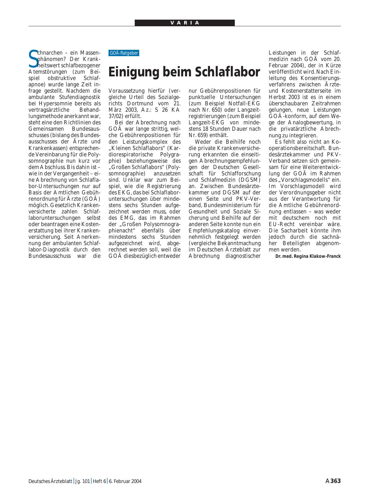 Vorschauseite 1: Einigung beim Schlaflabor