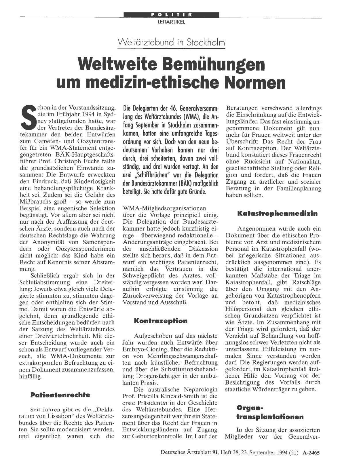 Vorschauseite 1: Weltärztebund in Stockholm: Weltweite Bemühungen um medizin-ethische Normen