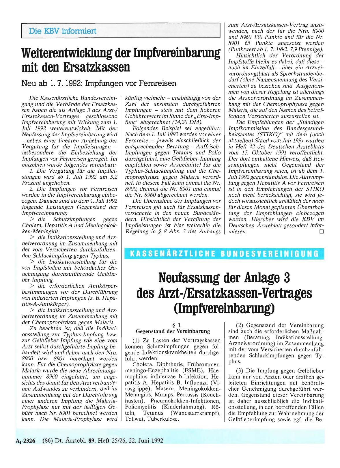 Vorschauseite 1: Neufassung der Anlage 3 des Arzt-/Ersatzkassen-Vertrages (Impfvereinbarung)