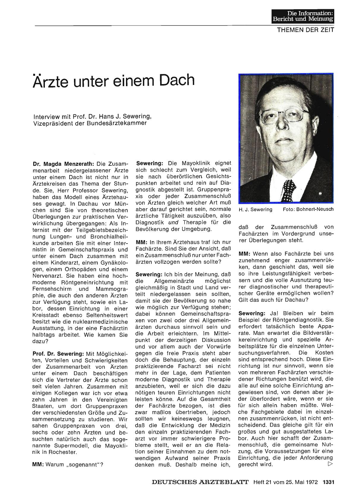 Vorschauseite 1: Ärzte unter einem Dach: Interview mit Prof. Dr. Hans J. Sewering, Vizepräsident der Bundesärztekammer